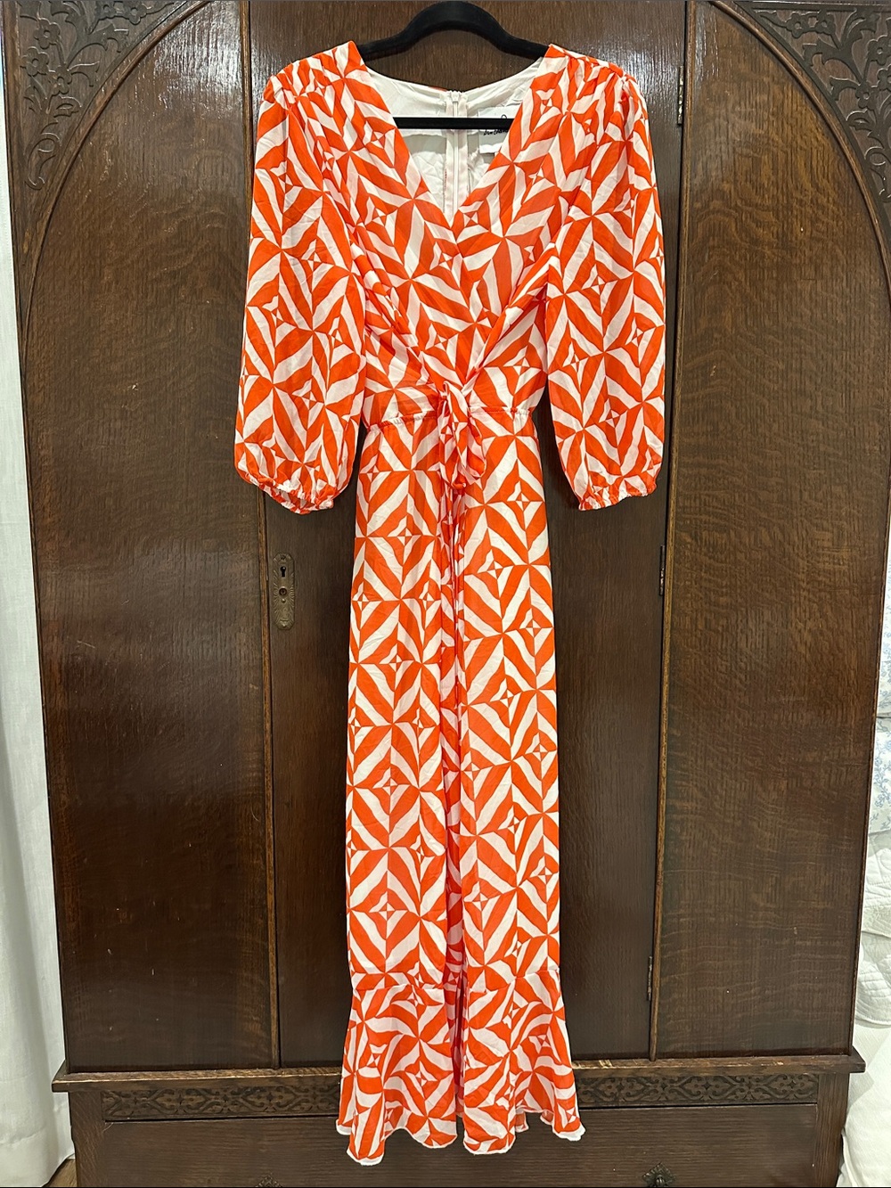 Sam Edelman Orange & White Geometric Midi Wrap Dress
